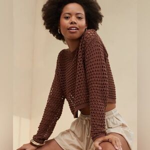 Aerie Brown Open Knit Cropped Sweater | 100% Cotton Mesh Crew Neck Size XS